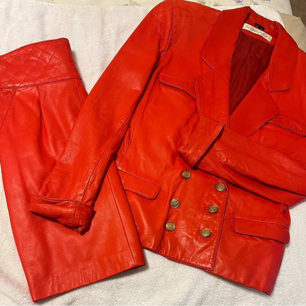 A. Byer Vibrant Red Leather Jacket and Skirt Set